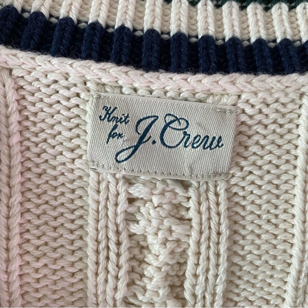 J. Crew Cream Cable-Knit V-Neck Sweater with Navy & Forest Stripes